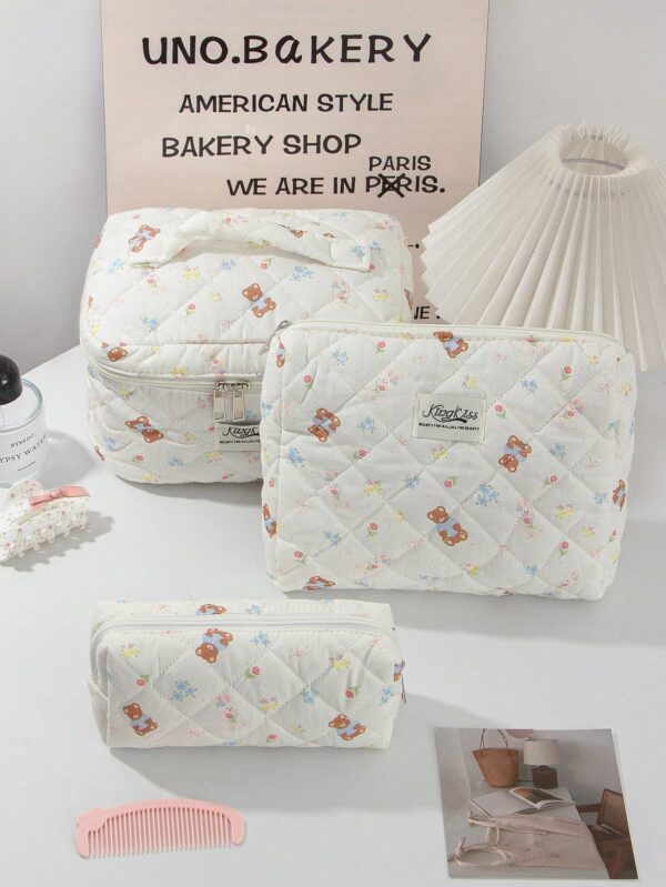 Cute Bear Floral Lovely Wash Bag For Travel Cosmetic Bag Set