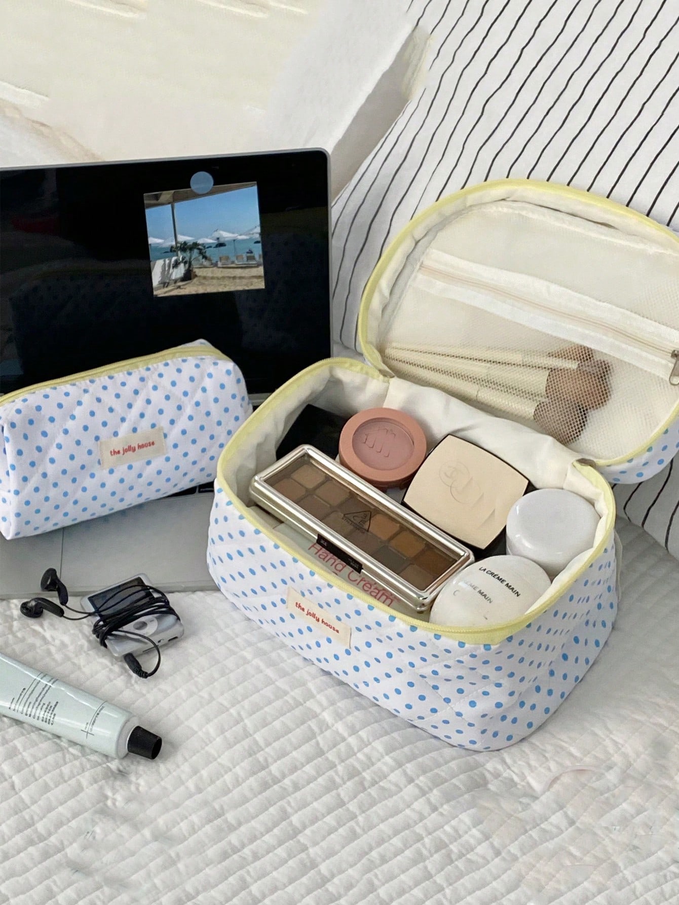 1Pc Polka Dot Pattern Quilting Large Capacity Cosmetic Bag Fashionable Portable Makeup Bag Girls Travel Make Up Bag Multi Functional Storage Bag For Lipstick Sanitary Napkin Coins KeysHair Clips Scrunch (3)