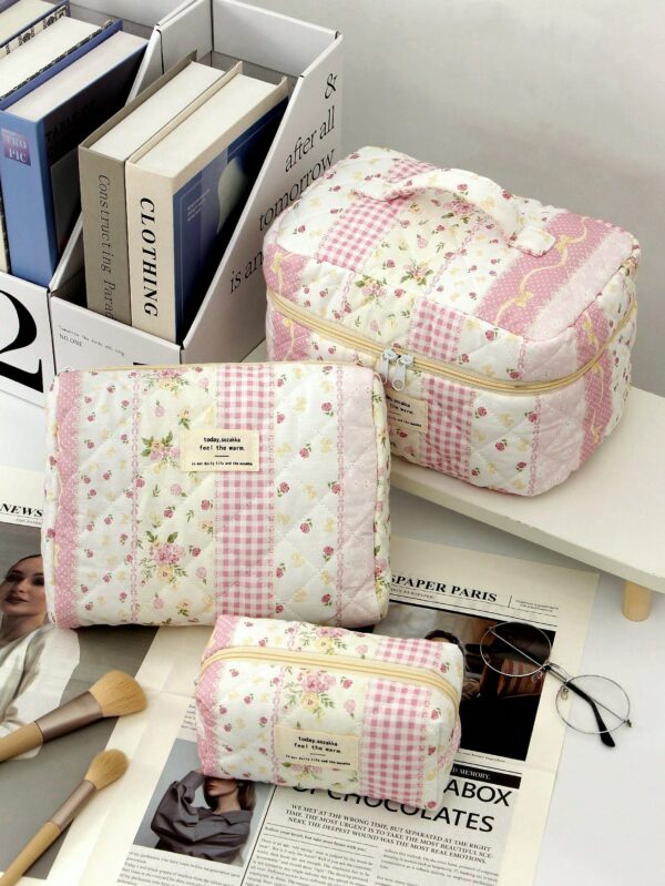 Floral Plaid Pattern Large Makeup Bag Skincare Bag Set