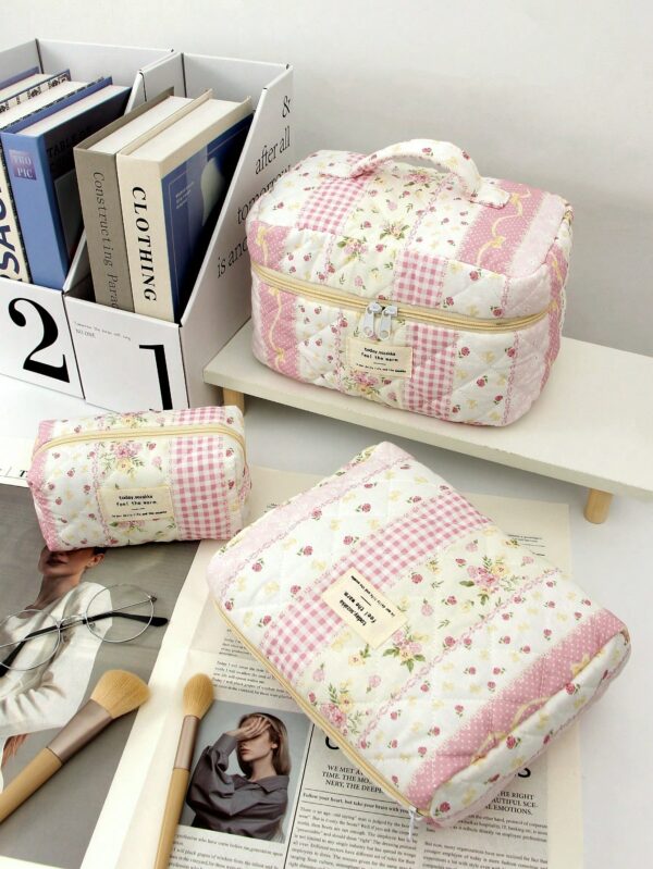 Floral Plaid Pattern Large Makeup Bag Skincare Bag Set