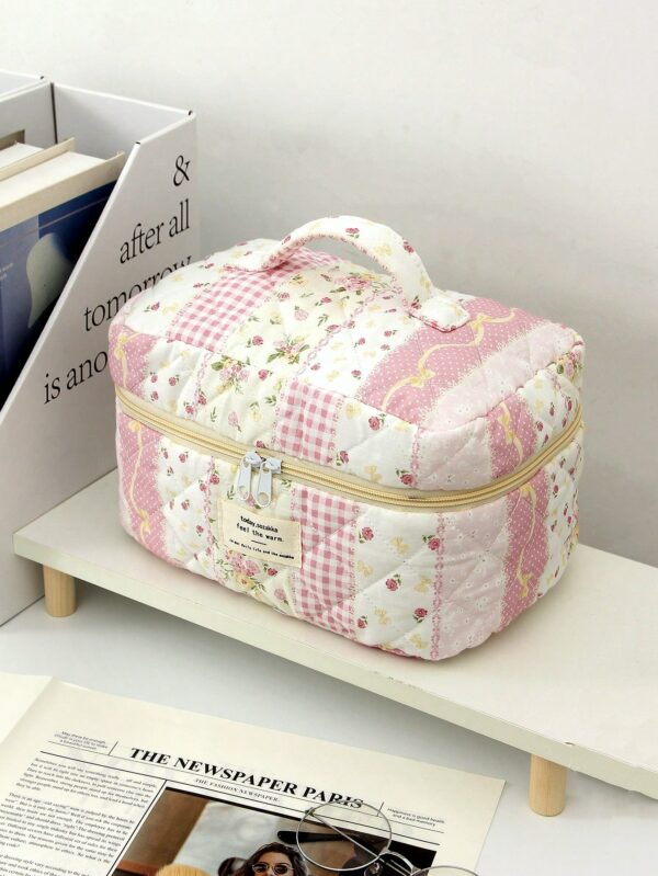 Floral Plaid Pattern Large Makeup Bag Skincare Bag Set
