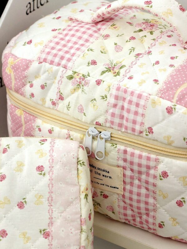Floral Plaid Pattern Large Makeup Bag Skincare Bag Set