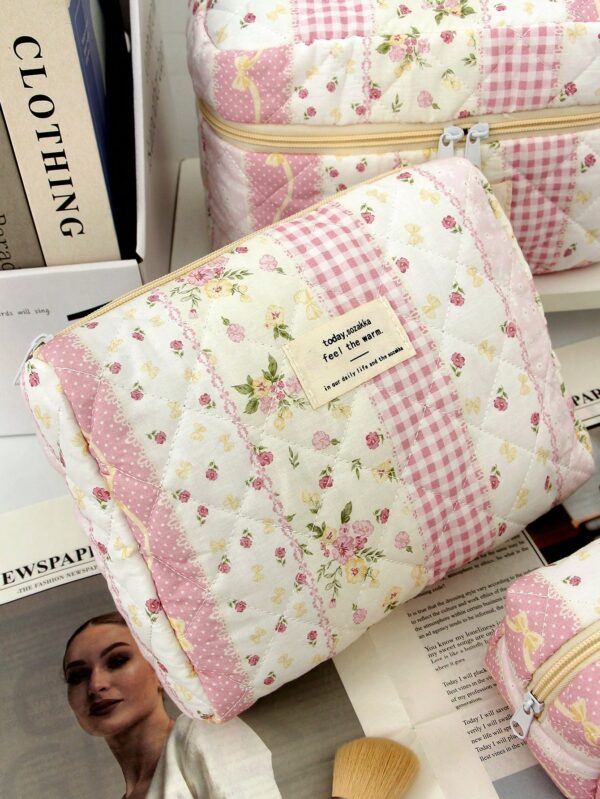 Floral Plaid Pattern Large Makeup Bag Skincare Bag Set