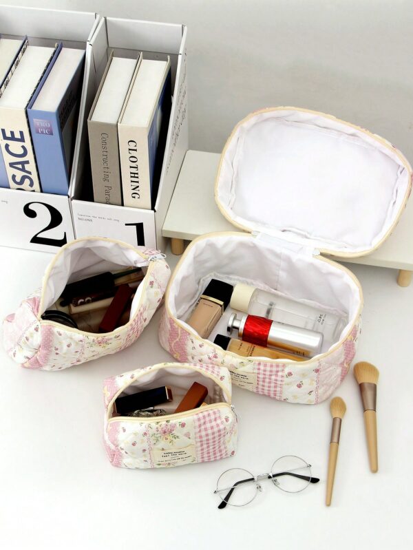 Floral Plaid Pattern Large Makeup Bag Skincare Bag Set
