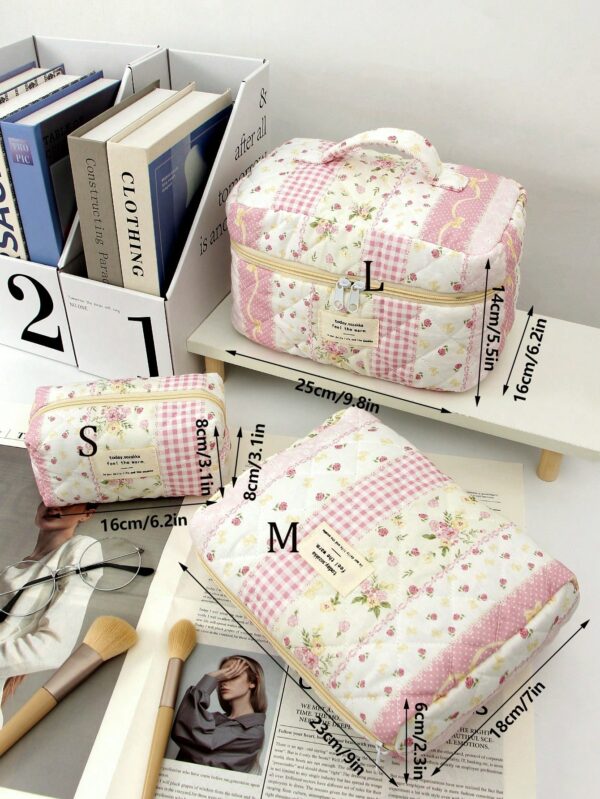 Floral Plaid Pattern Large Makeup Bag Skincare Bag Set