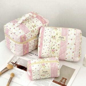 Floral Plaid Pattern Large Makeup Bag Skincare Bag Set