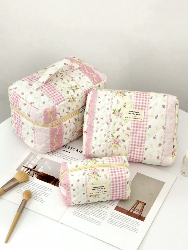 Floral Plaid Pattern Large Makeup Bag Skincare Bag Set