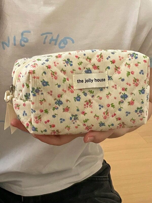 Floral Corduroy Makeup Bag Travel Cosmetic Organizer Gift for Women and Girls