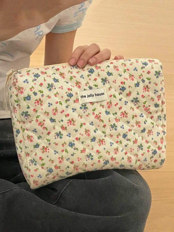 Floral Corduroy Makeup Bag Travel Cosmetic Organizer Gift for Women and Girls
