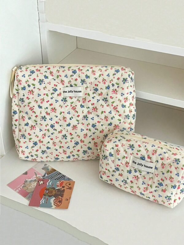 Floral Corduroy Makeup Bag Travel Cosmetic Organizer Gift for Women and Girls