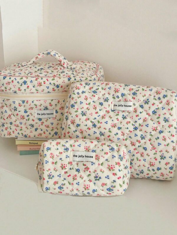 Floral Corduroy Makeup Bag Travel Cosmetic Organizer Gift for Women and Girls