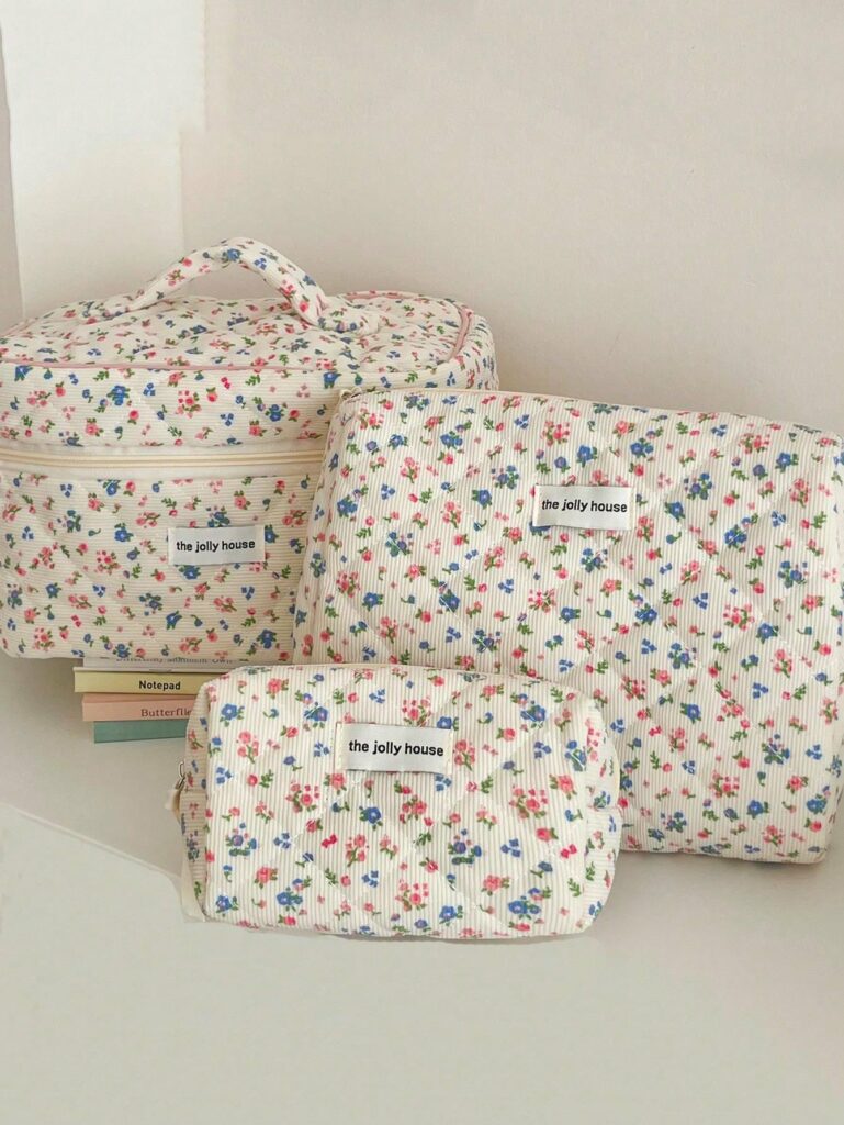 1pc Lovely Floral Stitching Corduroy Cosmetic Bag For Storing Skin Care Items Lipsticks Hair Accessories Or As A Travel Necessity Birthday Gift Bridesmaid Gift Teacher Gift Or Mothers Day Gift For Girls Mak
