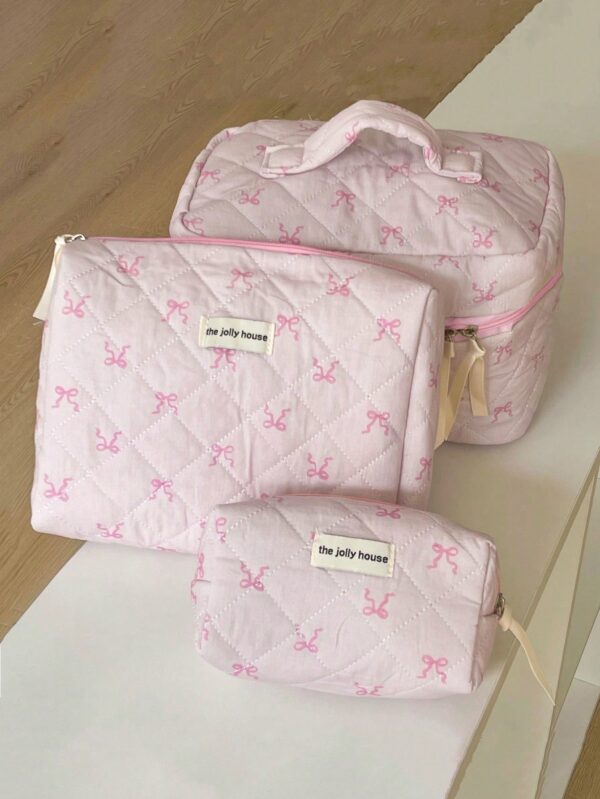 Set Flower And Bowknit Print Balletcore Travel Makeup Bag