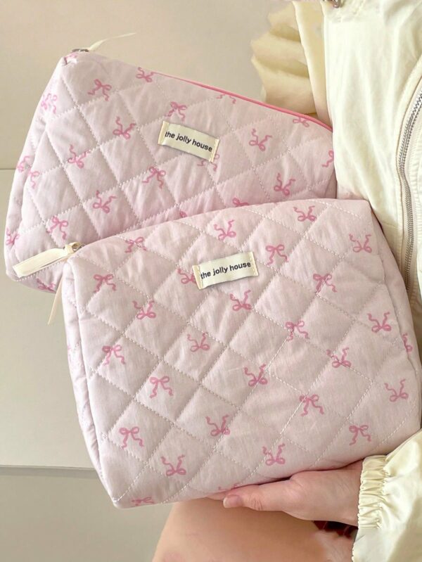 Set Flower And Bowknit Print Balletcore Travel Makeup Bag