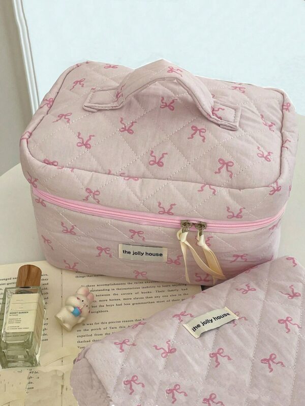 Set Flower And Bowknit Print Balletcore Travel Makeup Bag