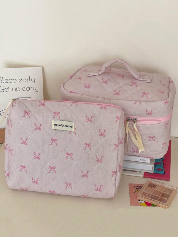 Set Flower And Bowknit Print Balletcore Travel Makeup Bag