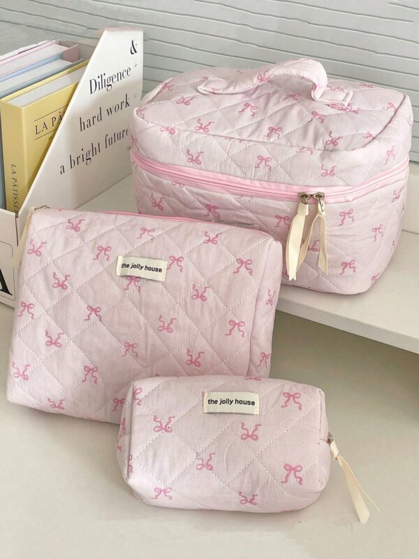 Set Flower And Bowknit Print Balletcore Travel Makeup Bag